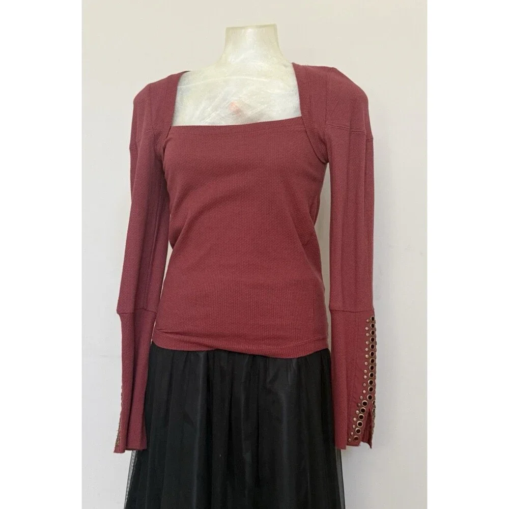 Free People Mia Thermal Top Red Jasper Long Sleeve Grommet Cuff Women M
